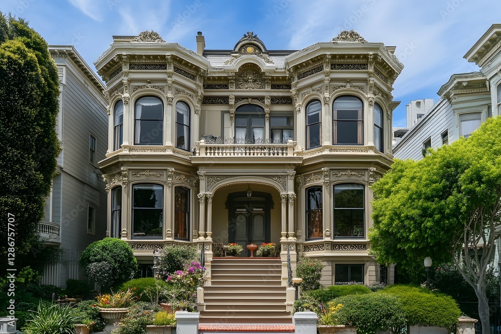 Obraz premium A Grand Victorian Mansion with Intricate Balconies, Lavish Architecture, Ornate Detailing, and Majestic Presence Surrounded by Lush Gardens and Timeless Elegance