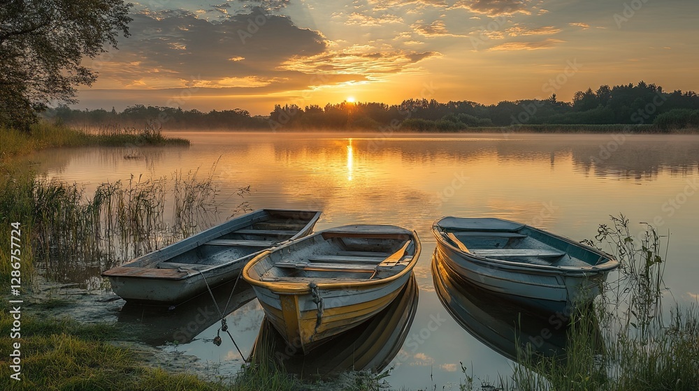 Boats on a pond during the evening twilight Boats on a pond during the evening twilight