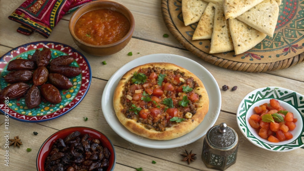Top-view of delicious manakish with assorted Moroccan dishes, salsa, and dried dates, served as a special treat during Ramadan holidays.
Top-view of delicious manakish with assorted Moroccan dishes, salsa, and dried dates, served as a special treat during Ramadan holidays.