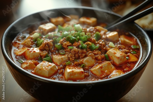 Steaming Mapo Tofu bowl with Sichuan chili oil, tofu, minced pork, spices