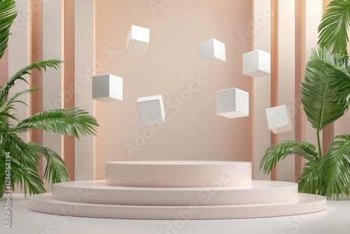Floating cubes on an abstract 3D podium, ample space for dynamic displays.