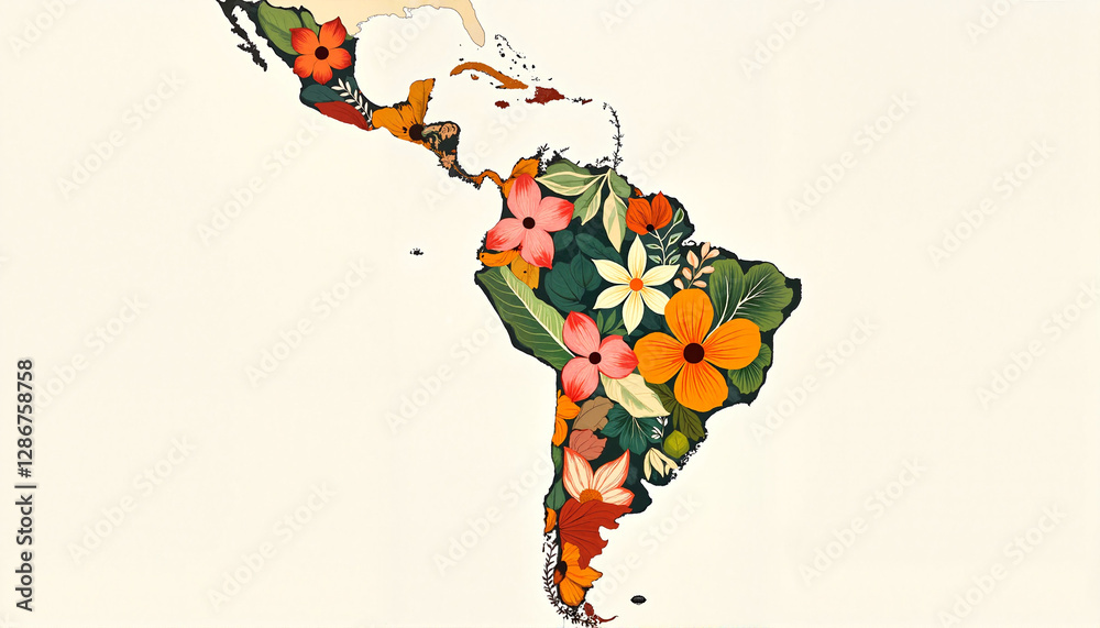 Obraz premium Colorful floral map of Latin America, vibrant cultural representation, latina