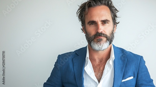 Middle-aged man in blue blazer, copy space Handsome and friendly middle-aged bearded man in white shirt and unbuttoned blue blazer front half length portrait against white wall with copy space busines
