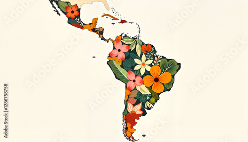 Colorful floral map of Latin America, vibrant cultural representation, latina