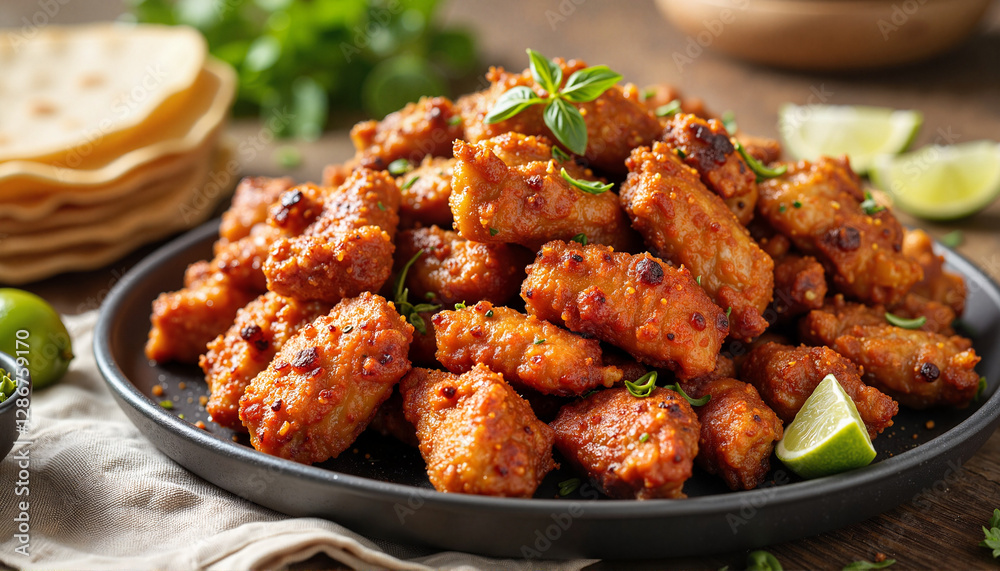 Savory platter of fried wings with lime and tortillas, culinary delight Savory platter of fried wings with lime and tortillas, culinary delight