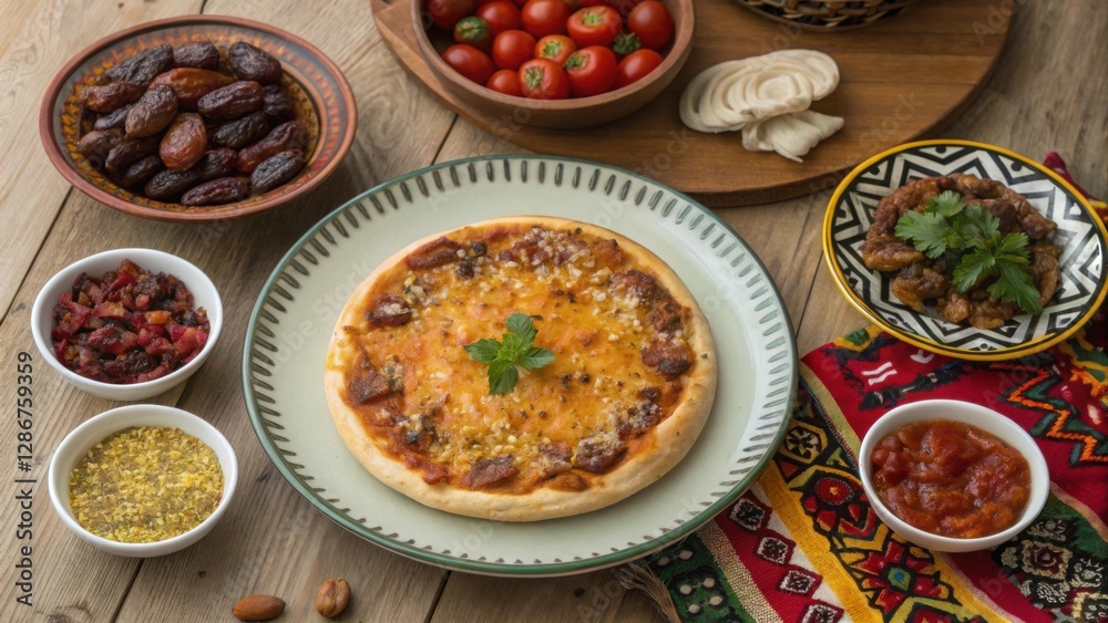 Top-view of delicious manakish with assorted Moroccan dishes, salsa, and dried dates, served as a special treat during Ramadan holidays.
Top-view of delicious manakish with assorted Moroccan dishes, salsa, and dried dates, served as a special treat during Ramadan holidays.