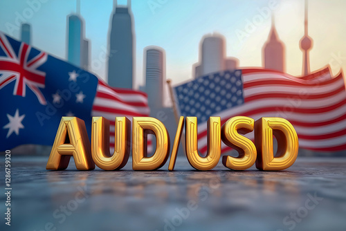 Gold volumetric letters AUD/USD against the background of a cityscape with high-rise buildings and the flags of the USA and Australia. Currency market. Finance.