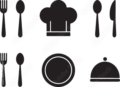 Fork, spoon, knife, plate, chef hat, and cloche or tray icon. Cutlery icon set in line and flat style
