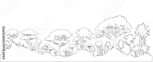 Tree forest black outline Isolated on White Background, vector Illustration