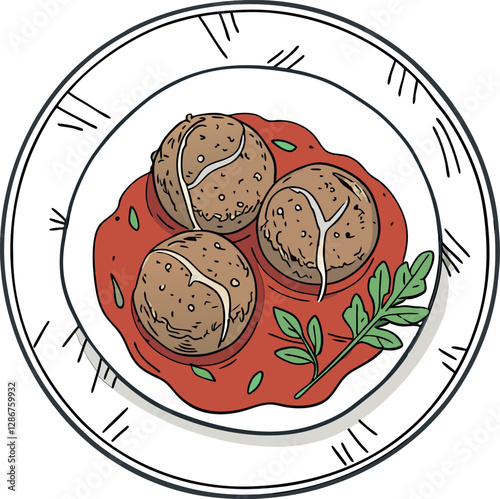 Retro Vintage Meatballs with Sauce Icon – Colorful Minimalist Vector Illustration | Delicious Dish Design for Comfort Food, Culinary Art & Savory Meal Inspiration
