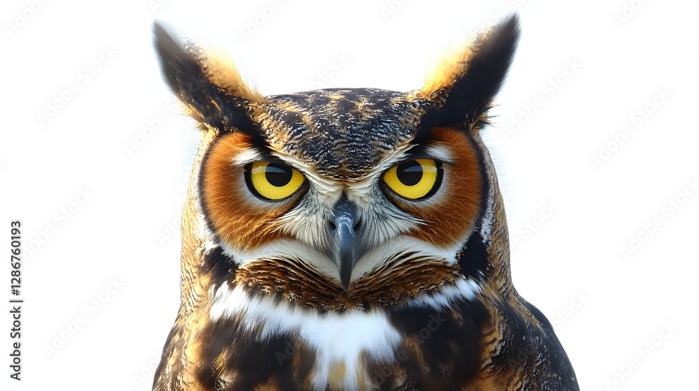 Fototapeta premium Close-Up of a Majestic Owl with Intense Yellow Eyes and Detailed Feathers in Natural Light