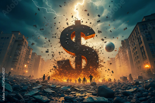 Giant dollar symbol rises from a ruined city surrounded by fire and chaos. The apocalyptic scene symbolizes financial crises, economic catastrophes and global upheavals photo