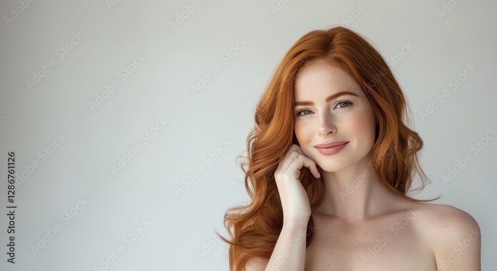 A portrait of a beautiful woman with ginger short cropped hair, with flawless skin, hand touching her face, natural beauty, skin care model concept, copy space for text, off white background A portrait of a beautiful woman with ginger short cropped hair, with flawless skin, hand touching her face, natural beauty, skin care model concept, copy space for text, off white background