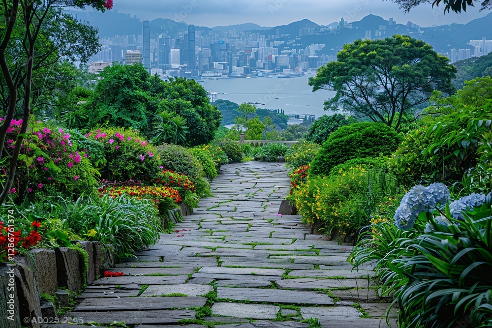 Obraz premium A winding stone pathway leads through vibrant gardens filled with colorful flowers, offering a view of Hong Kong's skyline and mountains under a moody sky