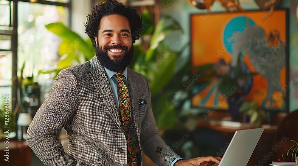 Multiracial Portuguese Jamaican mid adult businessman with beard standing smiling at desk with laptop reviewing data in bright business office wearing suit Multiracial Portuguese Jamaican mid adult bu