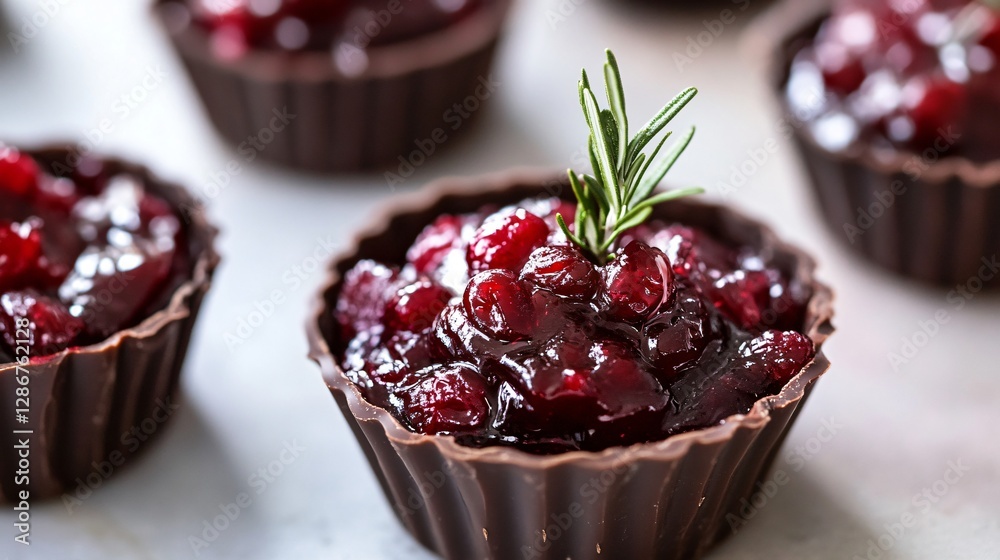 Cranberry sauce served in an edible chocolate bowl, topped with a tiny sprig of candied rosemary Cranberry sauce served in an edible chocolate bowl, topped with a tiny sprig of candied rosemary