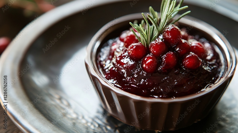 Cranberry sauce served in an edible chocolate bowl, topped with a tiny sprig of candied rosemary Cranberry sauce served in an edible chocolate bowl, topped with a tiny sprig of candied rosemary
