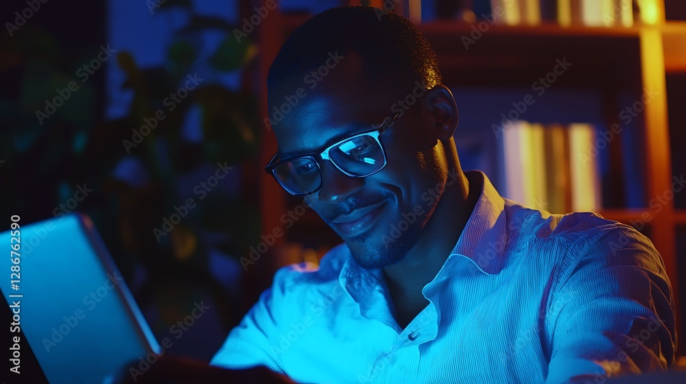 Night business. tablet and black man typing and reading information online doing research and smiling at good results working late. Happy male on internet for marketing strategy in Nigeria office Nigh