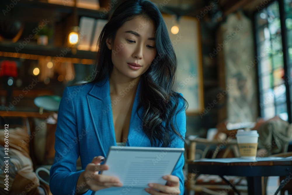 A woman sits comfortably in a stylish cafe, wearing a blue blazer, as she reviews the menu with a focused expression. Soft lighting creates a warm, inviting atmosphere A woman sits comfortably in a stylish cafe, wearing a blue blazer, as she reviews the menu with a focused expression. Soft lighting creates a warm, inviting atmosphere