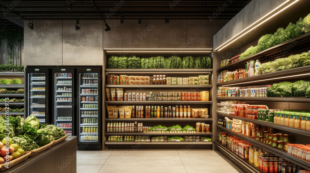 Grocery store with cashier desk empty shop interior with production on shelves and cold drinks in refrigerator, fresh vegetables. Product market, local food retail place, Cartoon vector illustration Grocery store with cashier desk empty shop interior with production on shelves and cold drinks in refrigerator, fresh vegetables. Product market, local food retail place, Cartoon vector illustration