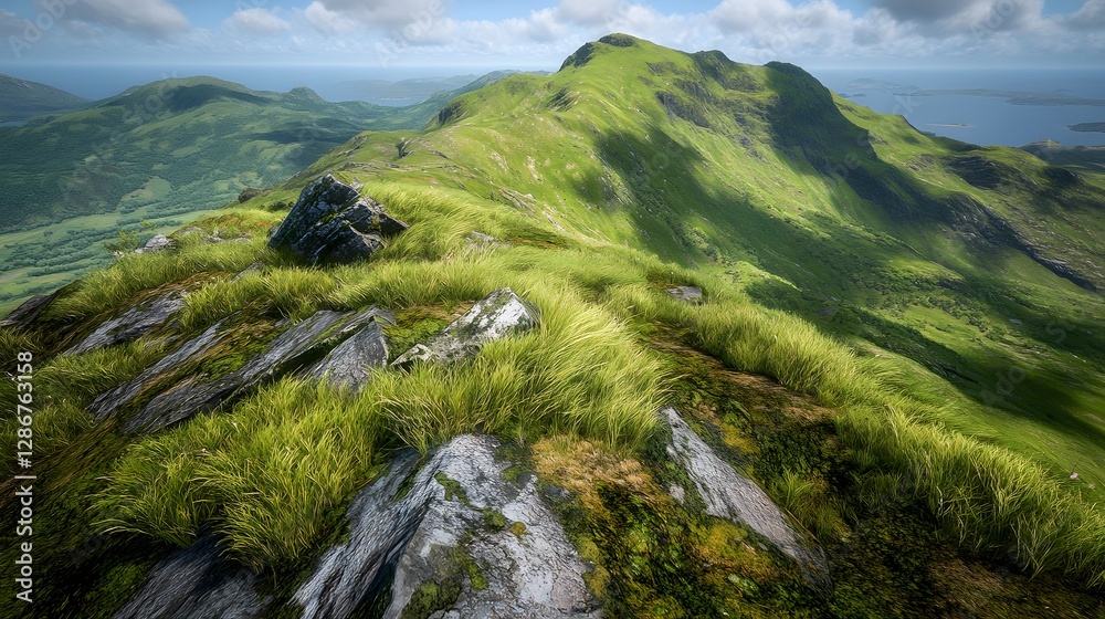 Naklejka premium Lush Green Mountain Landscape Under a Clear Sky with Rolling Hills and Scenic Views