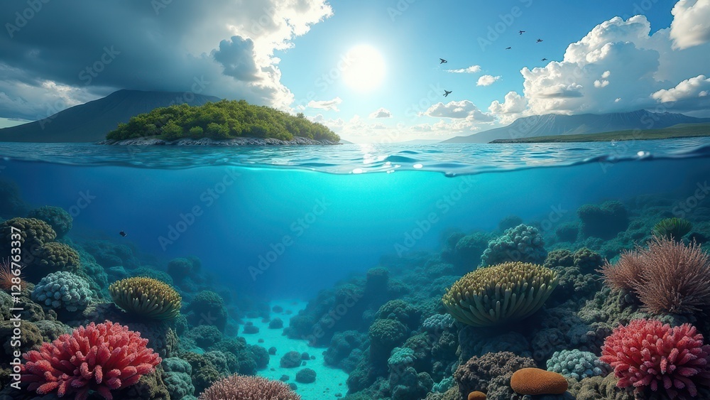 Obraz premium Vibrant coral reef underwater with colorful corals and sunlight streaming through clear water 