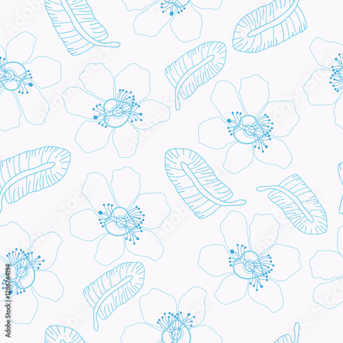 flowers and flowers line art blue colors vector seamless pattern