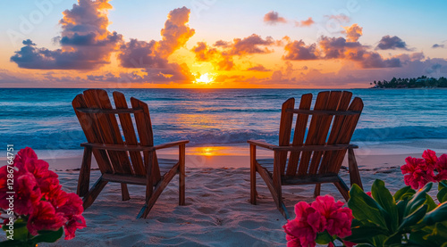 Fototapeta Naklejka Na Ścianę i Meble -  Relaxing on a Caribbean beach in Tankah Island at sunset with wooden chairs and vibrant flowers enhancing the serene atmosphere