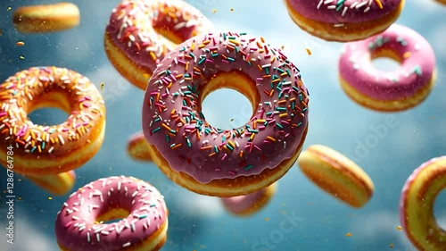 Colorful Donuts in Mid-Air against a Sky Background