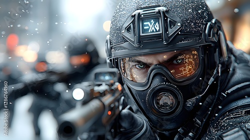 Futuristic elite tactical cyber soldiers locked in intense neon lit urban combat wielding high tech weapons and equipment against a holographic city backdrop
