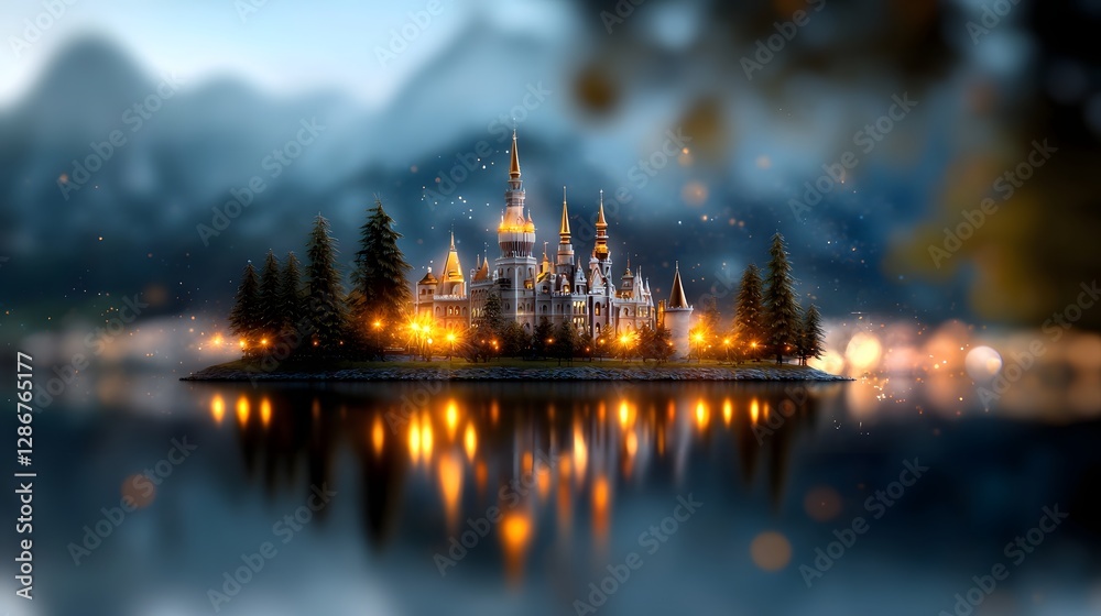 Fototapeta premium Futuristic holographic princess castle with intricate glowing spires and shimmering neon turrets set in a digital fantasy wonderland with a serene lake reflection This cinematic