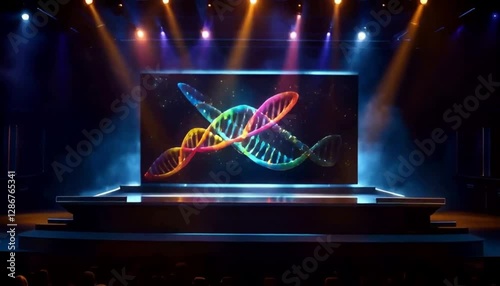A stage displays a vibrant DNA graphic.
