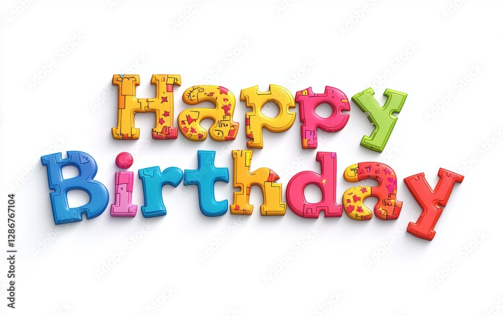 Of Happy Birthday made of puzzle pieces fitting together isolated on white background Of Happy Birthday made of puzzle pieces fitting together isolated on white background