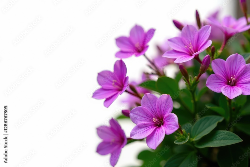 Colorful purple flowers blooming on a shrubbery isolated against white background, botanical garden, garden
