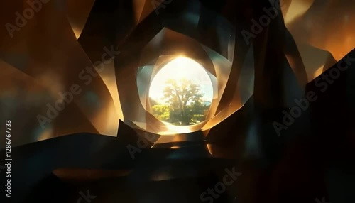 a luminous vista through an angular portal. A burst of sunlight illuminates a serene landscape beyond.