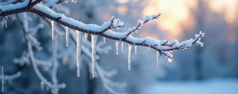 Frozen tree branches with delicate icicles hanging from them, frost formation, frosty, snow covered Frozen tree branches with delicate icicles hanging from them, frost formation, frosty, snow covered