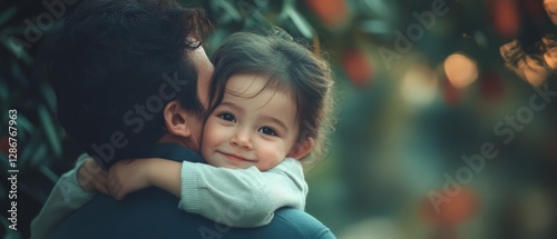 A father holds his cherished daughter close, surrounded by nature's beauty, symbolizing familial love in a tranquil and vibrant setting.