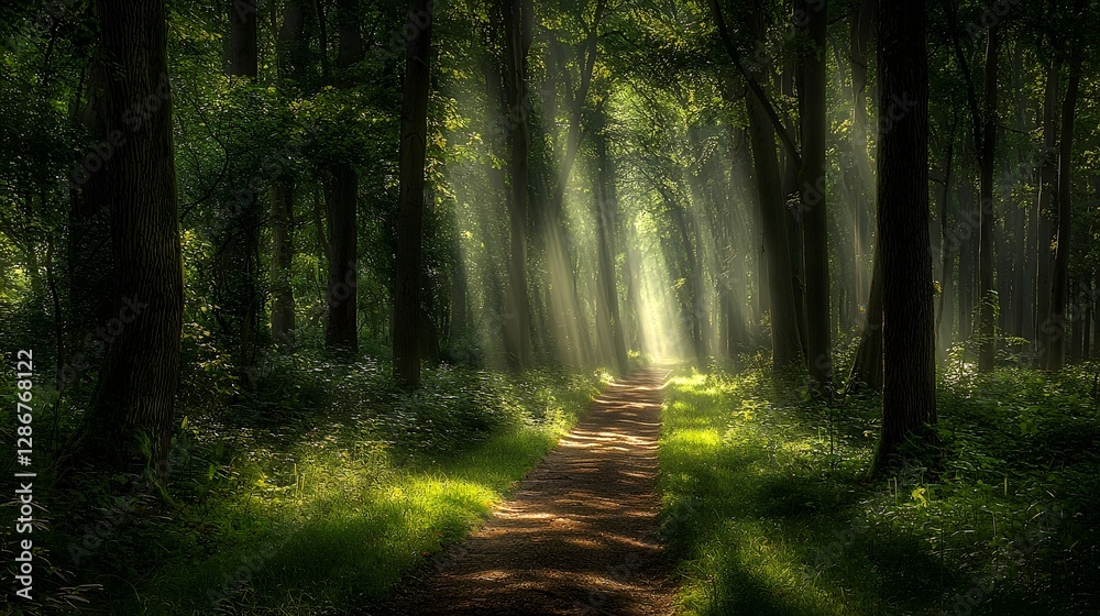 Fototapeta premium Serene forest pathway with sunlight filtering through the lush verdant trees creating an eco friendly and ethereal atmosphere perfect for Earth Day or nature inspired imagery