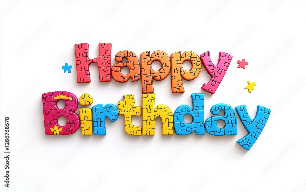 Of Happy Birthday made of puzzle pieces fitting together isolated on white background Of Happy Birthday made of puzzle pieces fitting together isolated on white background