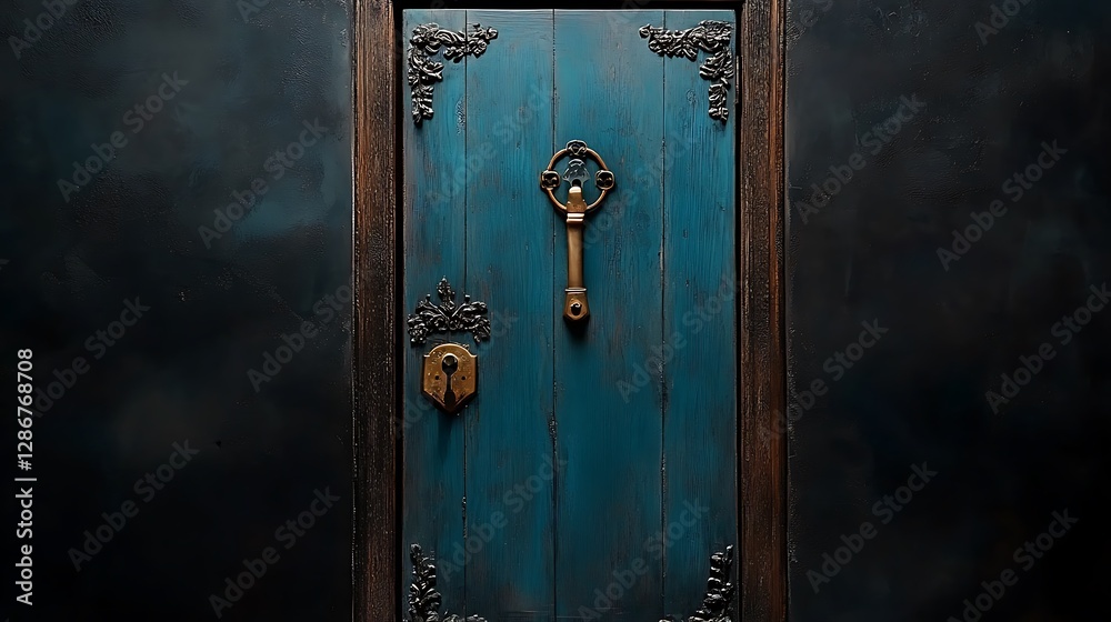 Fototapeta premium Intricate Teal Door with Ornate Key Knocker - Dark Studio Photography AI Generated
