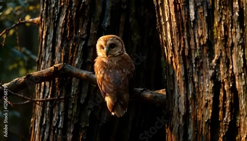 a close-up of an owl perched on a tree branch.