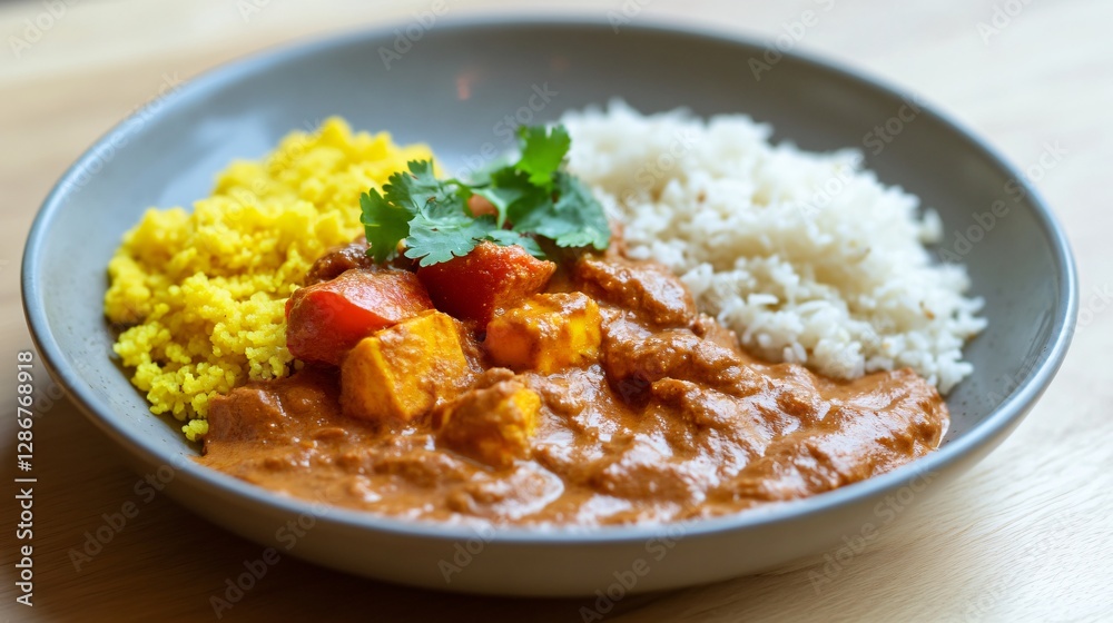 A contemporary fusion-style tikka masala dish, plated with a side of turmeric-infused couscous instead of rice, with bold contrasting colors A contemporary fusion-style tikka masala dish, plated with a side of turmeric-infused couscous instead of rice, with bold contrasting colors