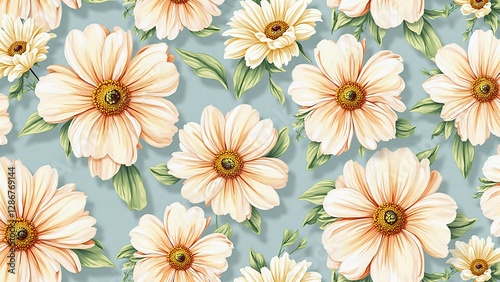 Seamless Pastel Cream Daisy Flower Pattern on Light Blue Background