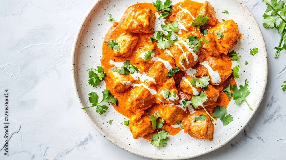 A deconstructed tikka masala dish with precisely plated chicken, sauce drizzles, and micro herbs on a minimalist white plate A deconstructed tikka masala dish with precisely plated chicken, sauce drizzles, and micro herbs on a minimalist white plate