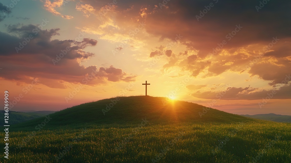 Obraz premium Serene Hilltop Cross: A Majestic Symbol of Faith and Hope, bathed in the golden light of dawn. Perfect for religious, spiritual, or inspirational 