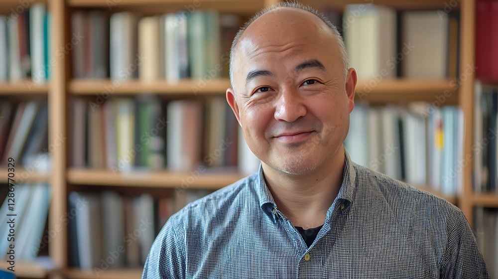 Portrait a successful Asian teacher, a man in a shirt looking at the camera and smiling, in the classic office the university director Portrait a successful Asian teacher, a man in a shirt looking at