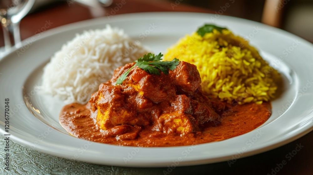 A gourmet plate of tikka masala served with a side of saffron rice, elegantly plated with a streak of tamarind sauce for added depth A gourmet plate of tikka masala served with a side of saffron rice, elegantly plated with a streak of tamarind sauce for added depth