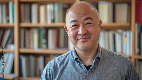 Obraz na płótnie Portrait a successful Asian teacher, a man in a shirt looking at the camera and smiling, in the classic office the university director Portrait a successful Asian teacher, a man in a shirt looking at w salonie