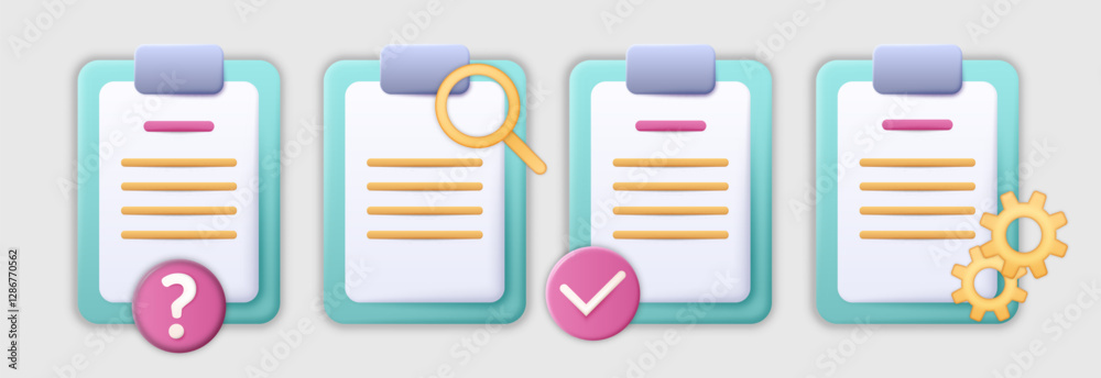 3d check. Document with magnifier and cogwheels. Paper page at clipboard tablet. Checkmark and question icon. Agreement audit. Report information search. Vector render list sheets set 3d check. Document with magnifier and cogwheels. Paper page at clipboard tablet. Checkmark and question icon. Agreement audit. Report information search. Vector render list sheets set