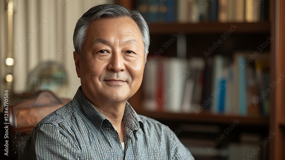 Portrait a successful Asian teacher, a man in a shirt looking at the camera and smiling, in the classic office the university director Portrait a successful Asian teacher, a man in a shirt looking at